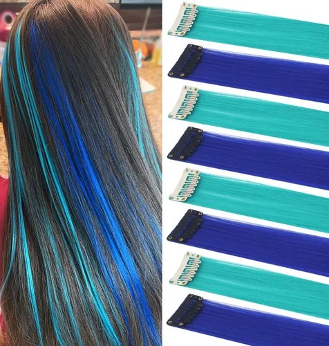 Miniatura 2 de Extensiones de cabello con clip de colores, 8 piezas de cabello sintético liso con reflejos azules y verde azulado