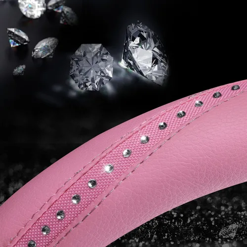 Miniatura 9 de CAR PASS Funda para Volante de Cuero Rosa con Diamantes de Imitación Brillantes, Piedras de Imitación Brillantes con Tachuelas Ajuste Universal 14