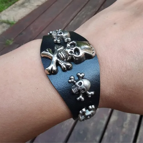 Miniatura 2 de Pulsera de calavera punk, brazalete de esqueleto de piel sintética para fiestas de Halloween, color negro