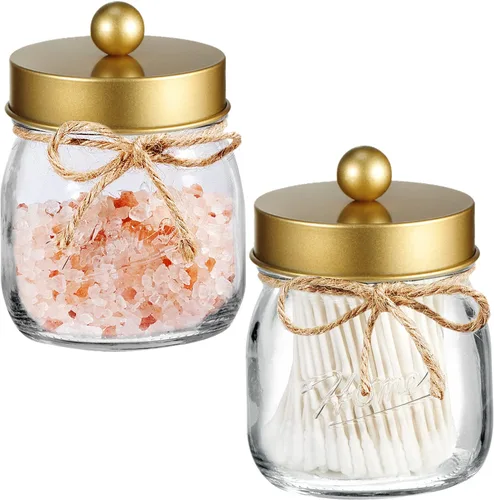 SheeChung Paquete de 2 soportes Qtip para baño, soportes para hisopos de algodón, decoración de tarros de masón, decoración de baño y accesorios