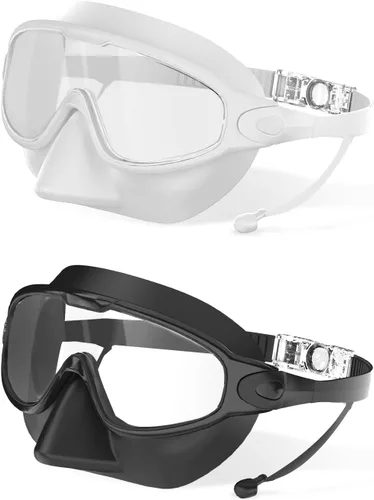 Miniatura 12 de Gafas de natación para adultos con cubierta de nariz para hombres y mujeres, paquete de 2 gafas de natación de visión amplia, antivaho, UV, sin