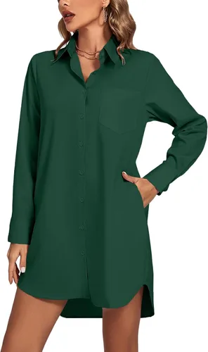 Miniatura 14 de LYANER Vestido camisero para mujer con cuello en V, botones, manga larga y dobladillo curvado
