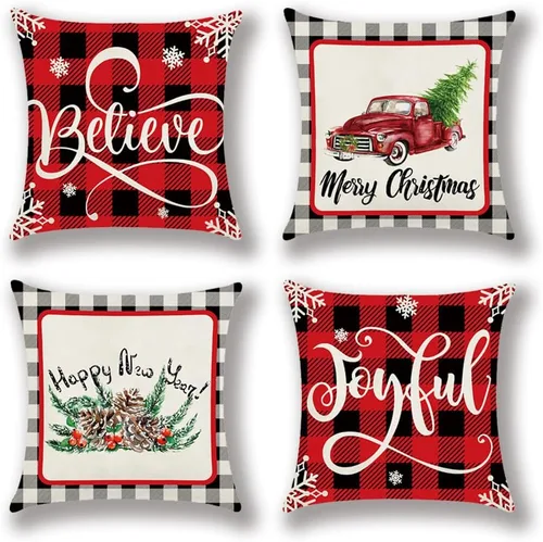 Miniatura 2 de Fundas de almohada de copo de nieve de Navidad de 18 x 18 pulgadas, funda de almohada de Navidad roja y blanca para sofá de patio, renos, feliz