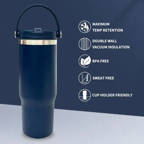 Miniatura 4 de Vaso de 30 onzas con asa superior, vaso aislado al vacío de doble pared con popote abatible, taza de café de viaje de 30 onzas con recubrimiento