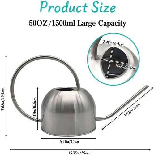 Miniatura 4 de Hamiledyi Regadera de acero inoxidable de 50 onzas con boquilla larga de metal, regadera de flores para interiores y exteriores, para jardín