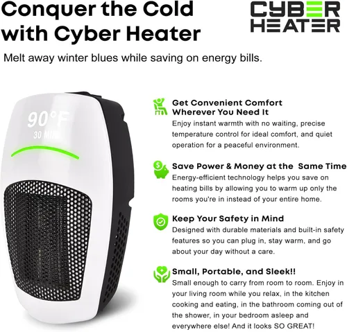 Miniatura 6 de Cyber Heater - Calentador portátil para uso en interiores, elegante y compacto con control remoto, cerámica eléctrica de 500 W para dormitorio