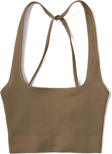 Miniatura 6 de OMKAGI Conjunto de entrenamiento acanalado para mujer, sin costuras, brasier deportivo con tiras y levantamiento de glúteos