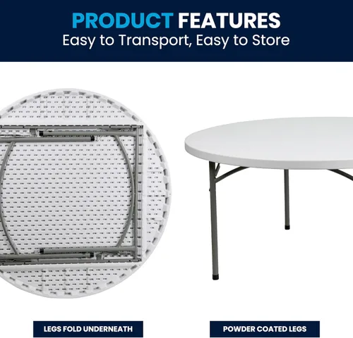Miniatura 9 de Flash Furniture Mesa redonda de plástico plegable de 5 pies para todas las ocasiones para fiestas y ferias, mesa de banquete plegable para eventos