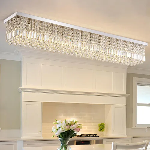 Miniatura 14 de Candelabros Modernos de Cristal para Lámpara de Comedor, Candelabro de Techo Rectangular Dorado de 6 Luces para Isla de Cocina y Sala de Estar
