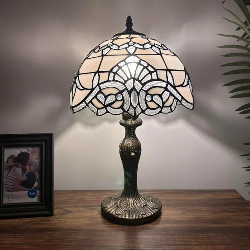Lámpara de mesa de vidrieras blancas estilo barroco bombilla LED incluida para dormitorio sala de estar 12 pulgadas de ancho x 12 pulgadas de