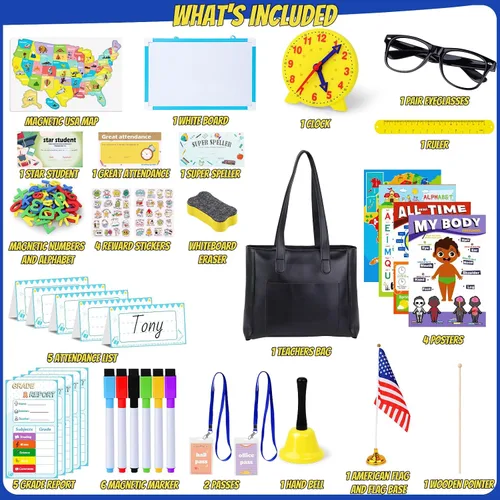Miniatura 3 de Juegos de simulación escolar de Gifts2U para niños - Con bolsa de maestra, pizarra, reloj educativo, carteles educativos y suministros de juguetes