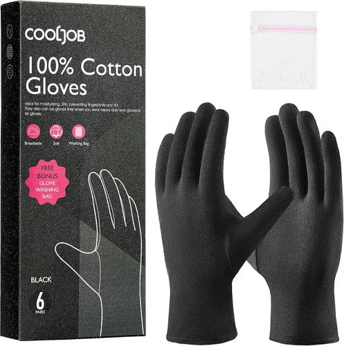 COOLJOB 6 Pairs Cotton Moisturizing Gloves for Dry Hands & Eczema, Black S | 100% Natural Cotton, Overnight Moisture Care, Multiple Everyday Uses,