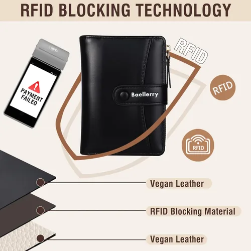 Miniatura 7 de Cartera pequeña para mujer, billetera de cuero plegable con bloqueo RFID, bolsillo con cremallera, ventana de identificación para mujeres y niñas
