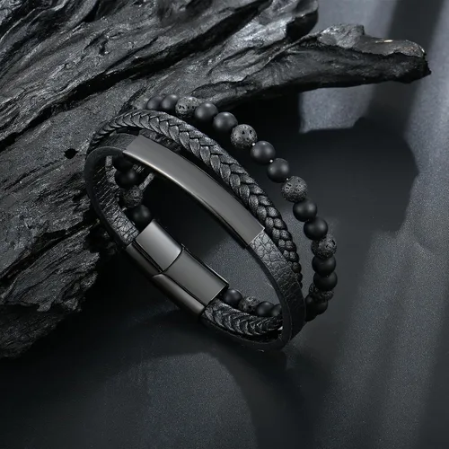 Miniatura 4 de Pulsera de cuentas de piedra volcánica de piedra volcánica de ónix negro y ojo de tigre mate para hombre, pulsera de cuero trenzado negro para hombre