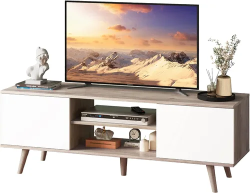 Miniatura 14 de WLIVE Soporte de TV moderno Mid-Century para TV de 55/60 pulgadas, centro de entretenimiento con almacenamiento y estantes ajustables, consola Negro