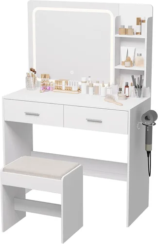 Miniatura 7 de Tocador de maquillaje con espejo iluminado y toma de corriente – 2 estantes, 2 cajones, almacenamiento inferior – Viene con taburete tapizado