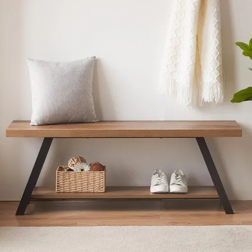 Miniatura 5 de LVB Banco de Entrada Industrial, Banco de Almacenamiento de Madera y Metal para Sala de Estar y Comedor, Banco de Zapatos de Estilo Campestre