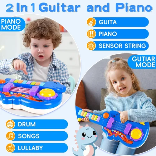 Miniatura 2 de Guitarra de dinosaurio para niños, instrumentos musicales 2 en 1, para regalos de niños y niñas de 3, 4 y 5 años, guitarra eléctrica para niños