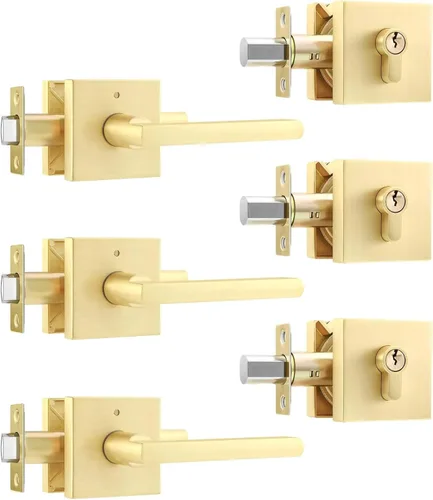 Miniatura 24 de Leydebong Paquete de 3 pomos de entrada dorados con llave igual, manija de puerta de entrada resistente, estilo contemporáneo, herrajes modernos
