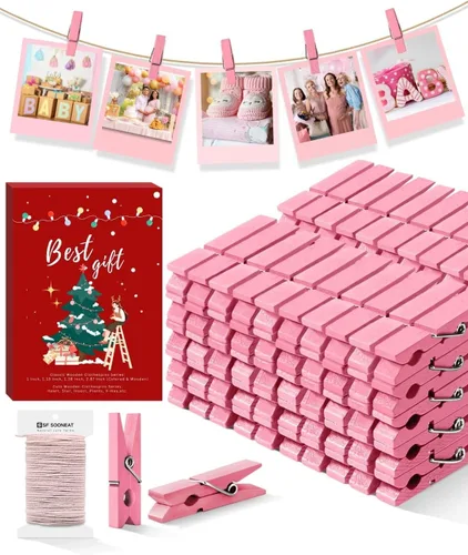 Pinzas para la ropa, color rosa, 100 pinzas pequeñas de madera para fotos con cordel de yute, pequeño clip para papel fotográfico, ideal para baby