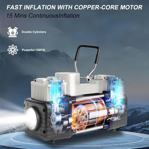 Miniatura 2 de Inflador de Neumáticos Portátil Compresor de Aire Plateado, Bomba Automática de Doble Cilindro de Alta Resistencia, Compresor de Aire Portátil