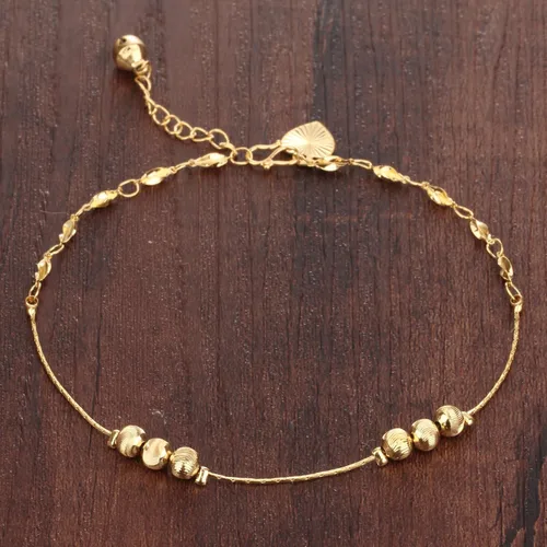 Miniatura 2 de Tobillera para mujer tono dorado de 18 quilates con cuentas de la suerte, cadena de hueso de serpiente, accesorio ajustable de 9.4in de largo