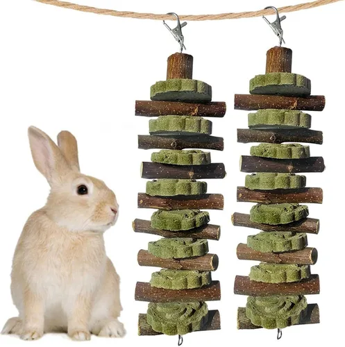 Miniatura 13 de kathson 3 piezas de juguetes masticables de conejo para rechinar dientes, golosinas de chinchilla palos de bambú orgánico ramas de madera de fruta