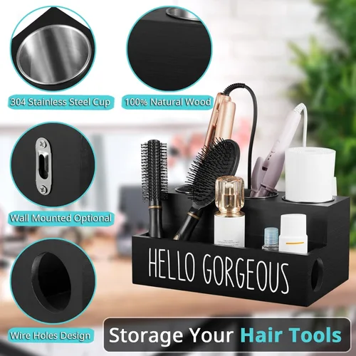 Miniatura 3 de Bivvclaz Organizador de Herramientas para el Cabello, Soporte de Secador de Pelo de Madera para Encimera, Organizador de Herramientas Calientes
