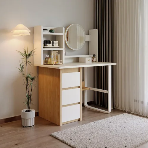 Miniatura 7 de Tocador de construcción resistente con tablero de 0.59 pulgadas de grosor, 3 en 1, multifuncional, con espejo ajustable y luces LED, mesa de noche