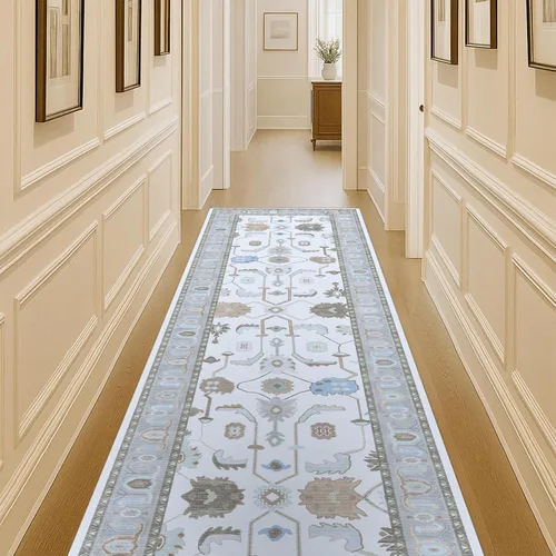 Miniatura 20 de Fame Living Alfombra Oushak Crema Azul, Alfombras Pequeñas Modernas, Vintage, Turca, Ecléctica, Floral, Pastel, Lavable, Tapete para Puerta, Felpudo