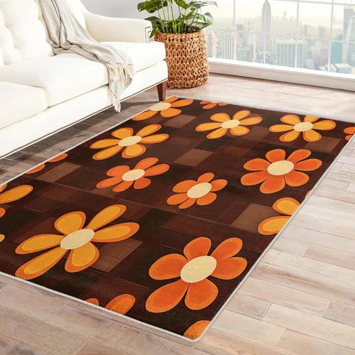 Alfombra floral retro 70S, lavable, Groovy Funky de 8 x 10 pulgadas, alfombra grande de flores naranjas, dormitorio, sala de estar, decoración del