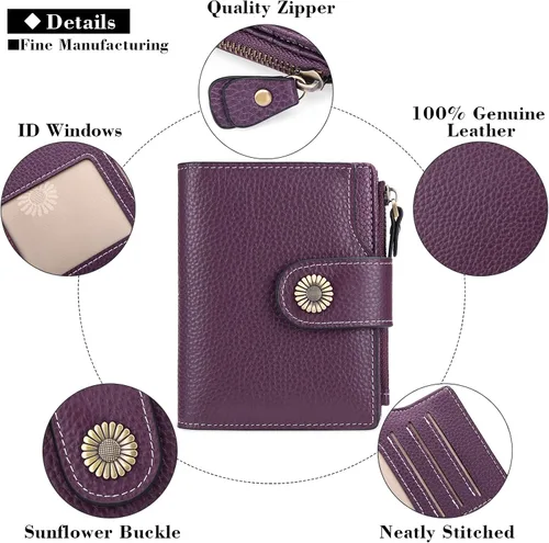 Miniatura 5 de FALAN MULE Cartera pequeña para mujer, de piel auténtica, plegable, compacta, pequeña, con bloqueo RFID, Púrpura, Casual