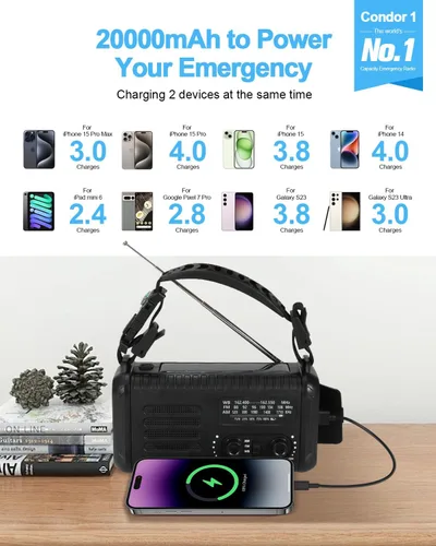 Miniatura 2 de Radio de emergencia de manivela, radio meteorológica de manivela solar de 20000 mAh / 74000 mWh con NOAA/AM/FM, radio alimentada por batería