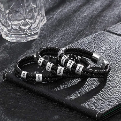 Miniatura 4 de Pulsera trenzada negra personalizada para hombre, pulsera personalizada con 1-8 cuentas personalizadas, nombres de la familia, joyería para hombres