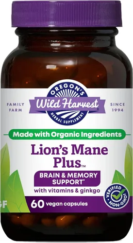 Oregon's Wild Harvest Lion's Mane Plus - Soporte para el cerebro y la memoria con vitaminas y ginkgo, orgánico, 60 unidades