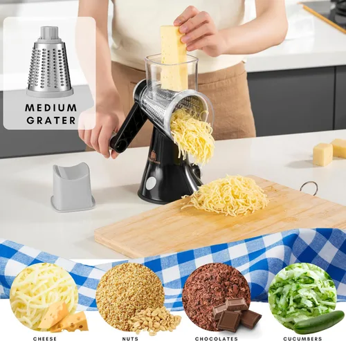Miniatura 5 de Brieftons Rallador de queso giratorio de 4 cuchillas, cortador de alimentos de cocina con asa, cortador de verduras de mandolina, molinillo