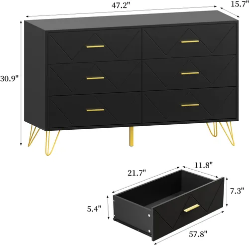 Miniatura 2 de JOZZBY Cómoda para dormitorio, cómoda de madera negra de 6 cajones con asas doradas, cómodas de almacenamiento modernas y cómodas para pasillo