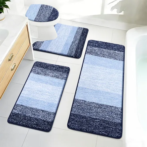 Miniatura 30 de Bsmathom Juego de 4 alfombras de baño, alfombras de baño de microfibra suave y absorbente con alfombra de contorno en forma de U para inodoro y Azul