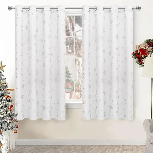 Miniatura 21 de FRAMICS Cortinas de Navidad con estampado de copos de nieve dorados en papel de aluminio, cortinas opacas con aislamiento térmico para sala de estar