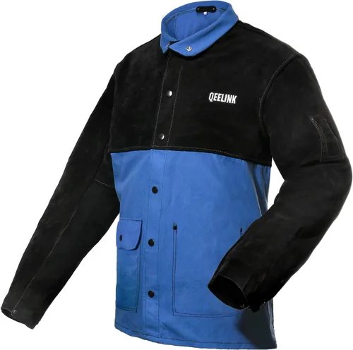 QeeLink Chaqueta de soldadura mangas de cuero divididas | Chaquetas de soldador híbridas de cuerpo de algodón resistente al fuego prémium