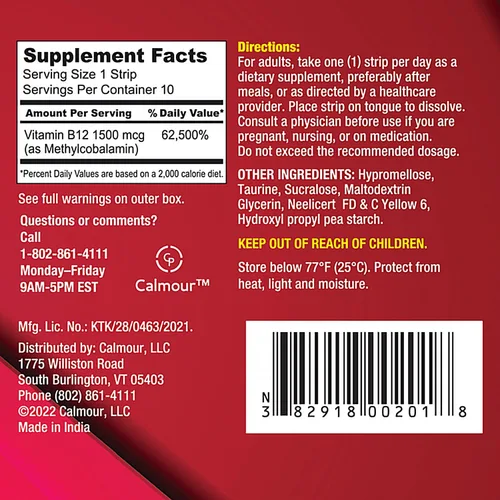 Miniatura 6 de Paquete de 100 tiras de vitamina B12 Tiras con sabor a menta fáciles de disolver por vía oral Tiras de 1500 mcg Vit B12 se disuelve debajo