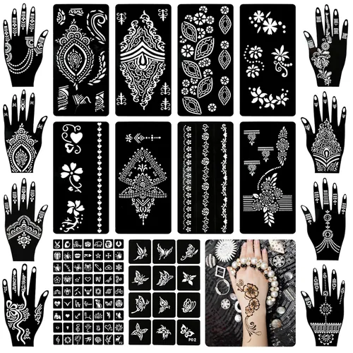 Koogel 18 hojas de plantillas de tatuaje de henna, 100 diseños de patrones temporales de tatuajes con brillantina, plantillas de tatuaje árabe para
