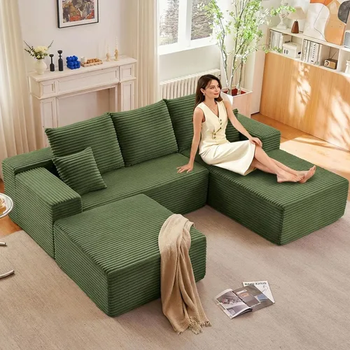 Miniatura 26 de Sofá modular de 95 pulgadas con otomana, moderno sofá nube de pana con asiento profundo, sofá sin hueso tapizado de 3 plazas en forma de U para sala