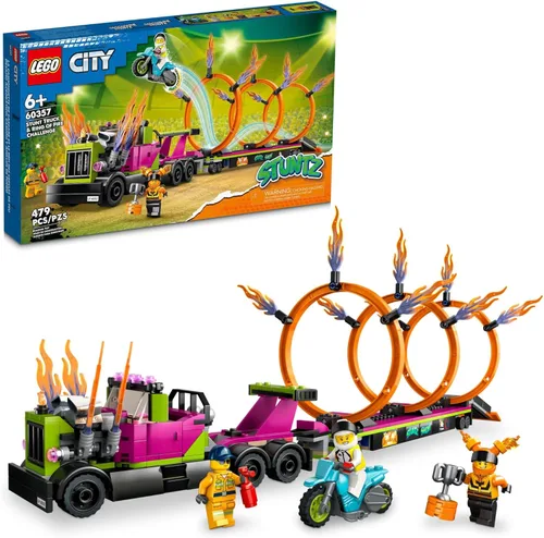 Miniatura 7 de LEGO City Stuntz Stunt Truck & Ring of Fire Challenge 60357 con juguete de motocicleta impulsado por volante y minifiguras, regalo divertido