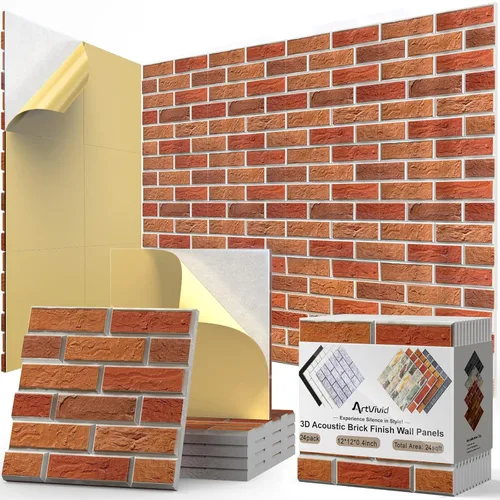 Miniatura 37 de Paquete de 12 paneles acústicos, paneles autoadhesivos con patrón de ladrillo 3D a prueba de sonido para paredes, paneles decorativos de pared