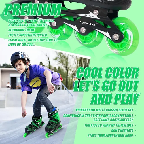 Miniatura 2 de MammyGol Patines en línea para niños y niñas Patines ajustables con ruedas iluminadoras Patines para principiantes Verde