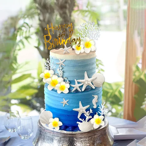 Miniatura 4 de 21 piezas de decoración de pastel de flores hawaianas para pastel de playa con estrellas de mar artificiales de plumeria para Hawaii Aloha tema