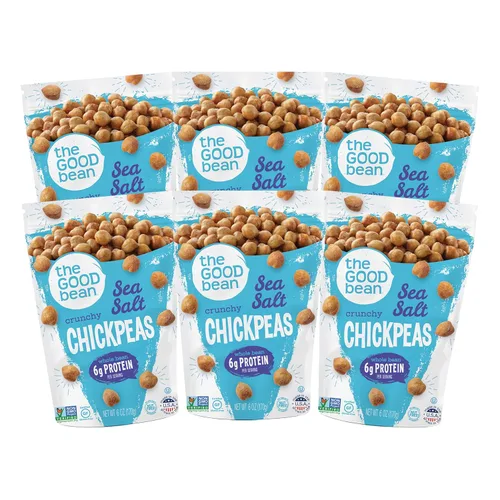 The Good Bean Garbanzos crujientes – Sal marina – (paquete de 6) bolsa resellable de 6 onzas – Frijoles de garbanzos asados – Snack vegano con buena