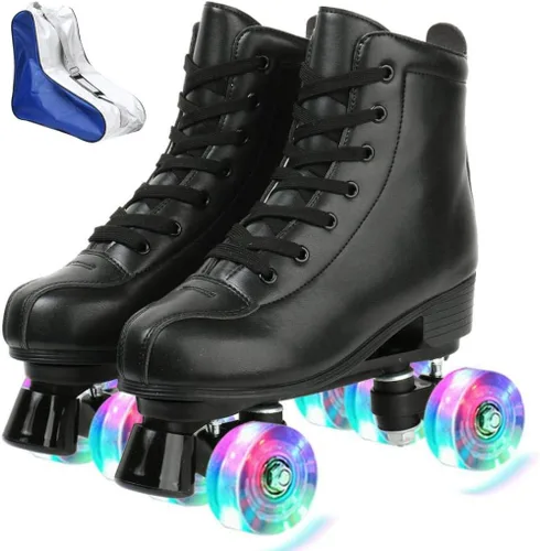 Miniatura 10 de XUDREZ - Patines de cuero PU para hombres y mujeres, tipo botines, de doble fila, para principiantes, patines profesionales para interiores