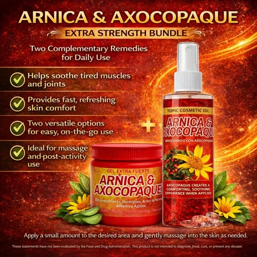 Miniatura 2 de Paquete de Árnica + Axocopaque – Flores de Arnica Gel 4.23 oz + Aceite Axocopaque de Arnica 8 onzas líquidas Gel de masaje botánico natural